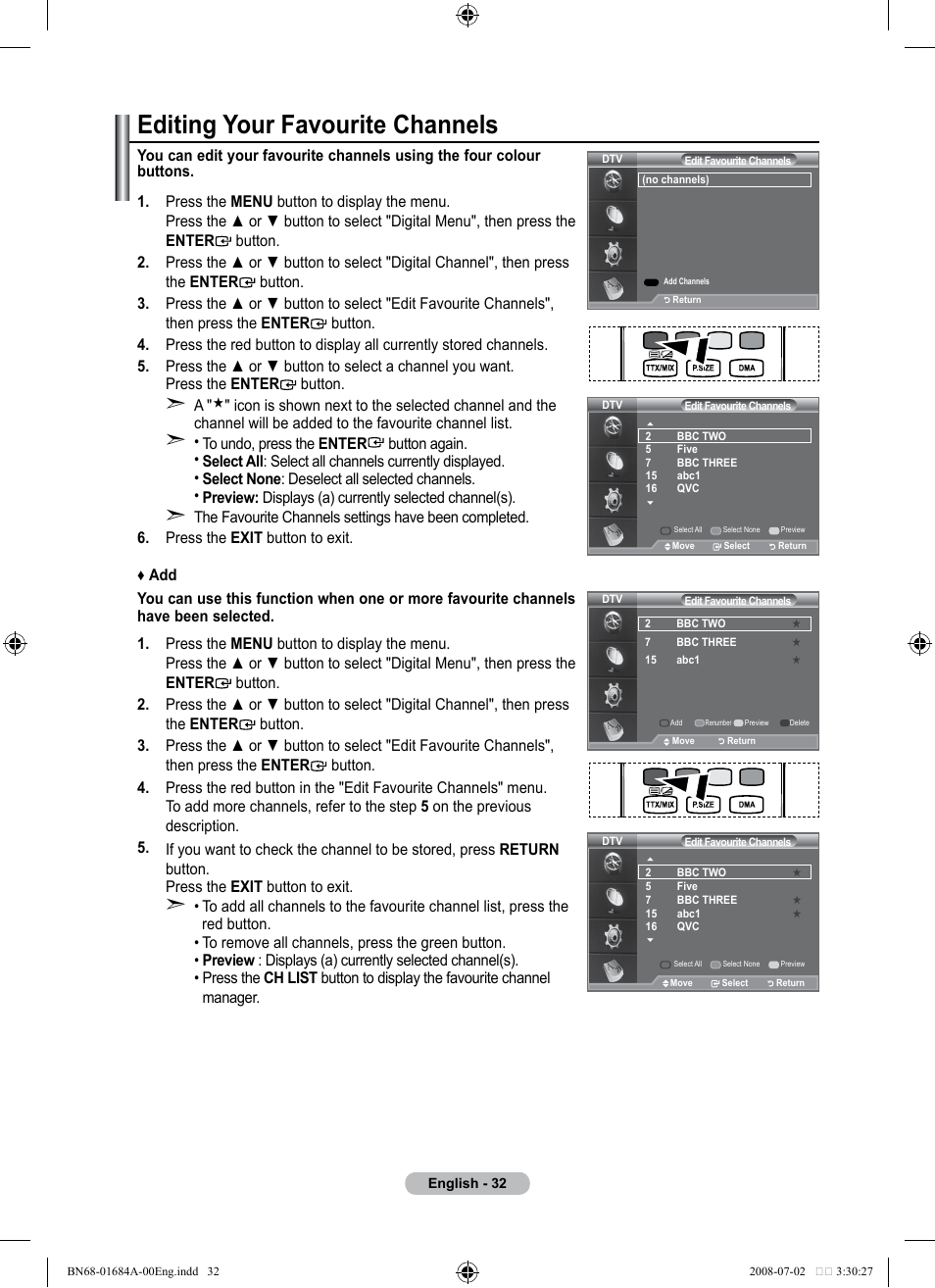 Editing your favourite channels | Samsung BN68-01684A-00 User Manual | Page 34 / 69