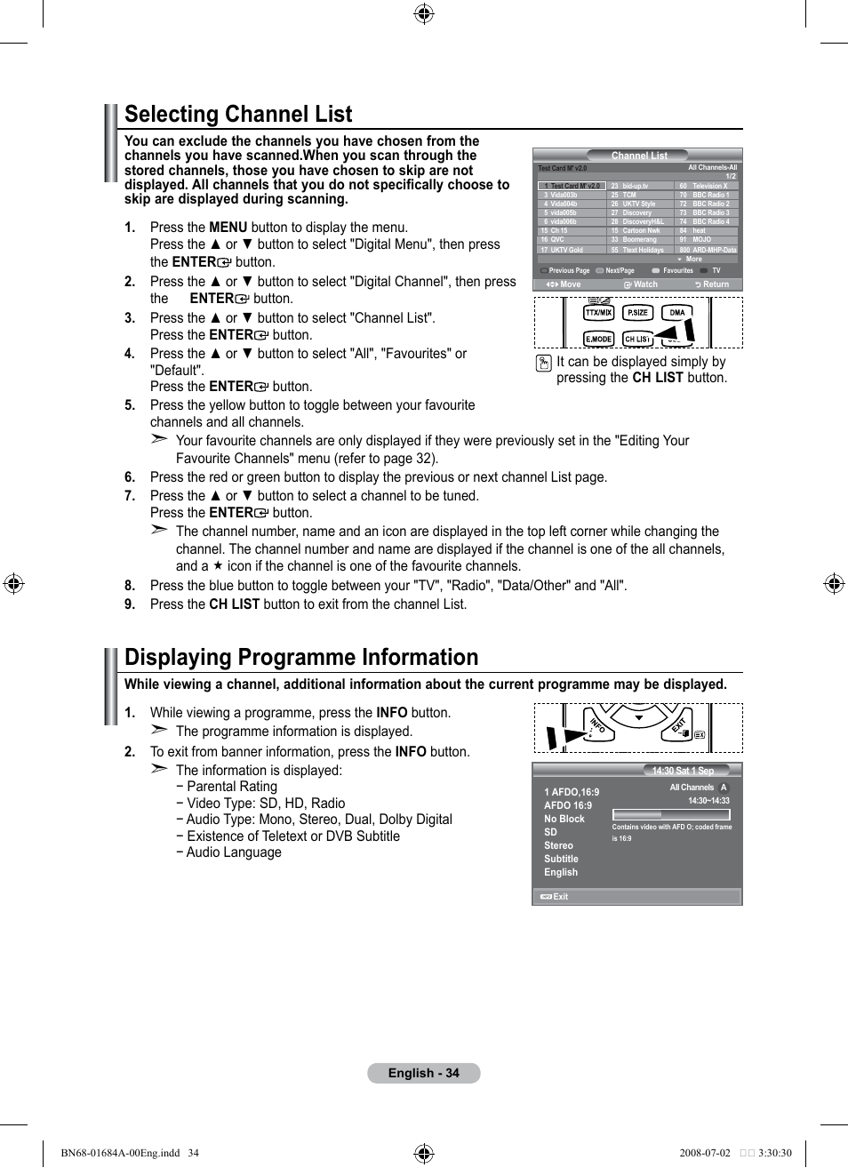 Selecting channel list, Displaying programme information | Samsung BN68-01684A-00 User Manual | Page 36 / 69