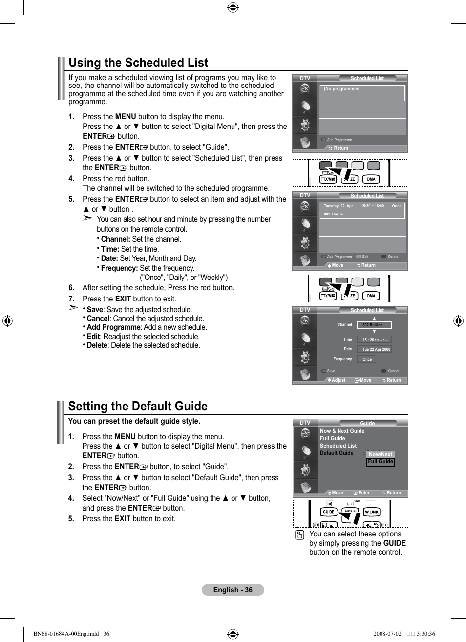 Using the scheduled list, Setting the default guide | Samsung BN68-01684A-00 User Manual | Page 38 / 69