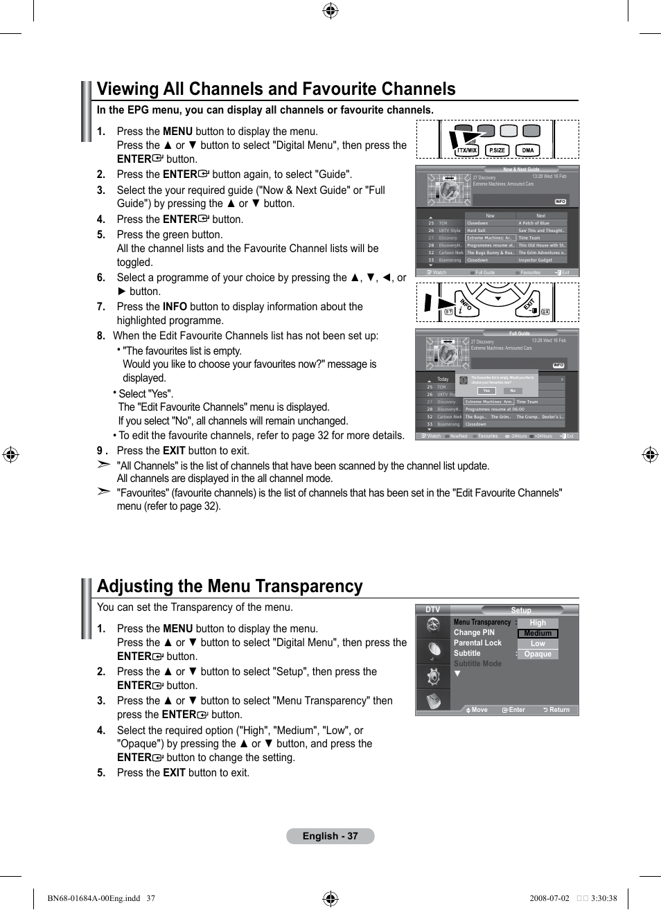 Viewing all channels and favourite channels, Adjusting the menu transparency | Samsung BN68-01684A-00 User Manual | Page 39 / 69