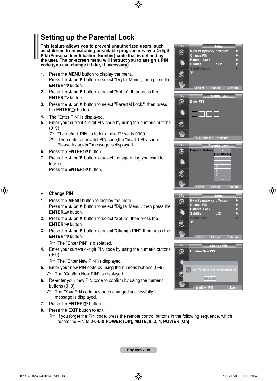 Setting up the parental lock | Samsung BN68-01684A-00 User Manual | Page 40 / 69