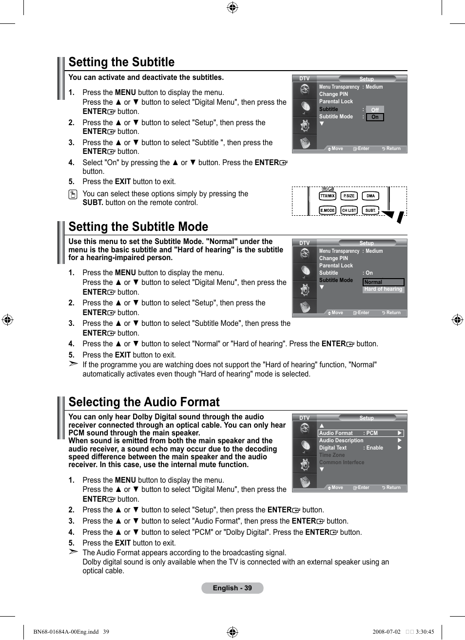 Setting the subtitle, Setting the subtitle mode, Selecting the audio format | Samsung BN68-01684A-00 User Manual | Page 41 / 69