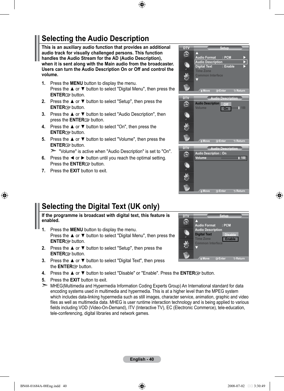 Selecting the audio description, Selecting the digital text (uk only) | Samsung BN68-01684A-00 User Manual | Page 42 / 69