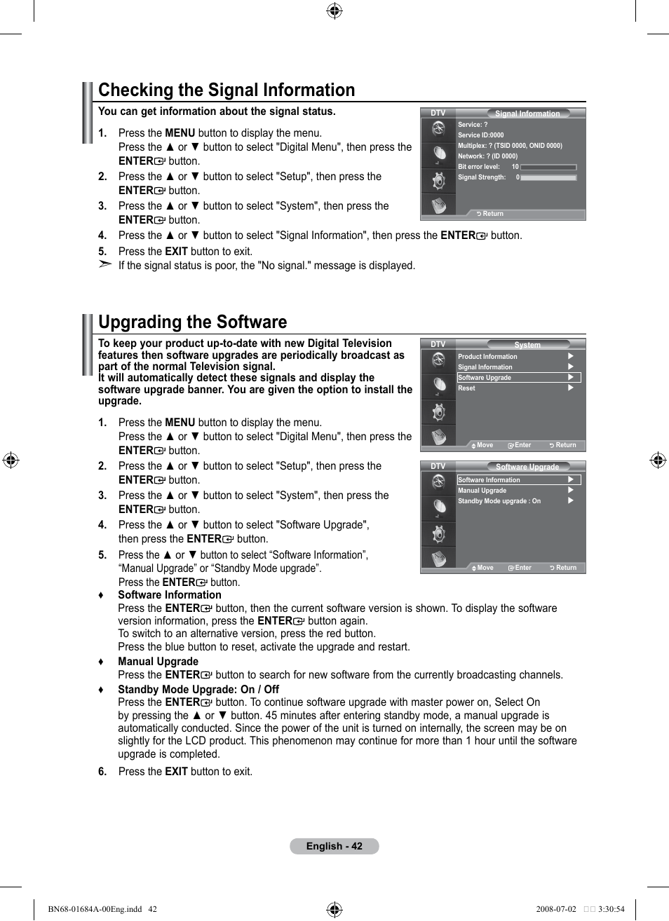 Checking the signal information, Upgrading the software | Samsung BN68-01684A-00 User Manual | Page 44 / 69