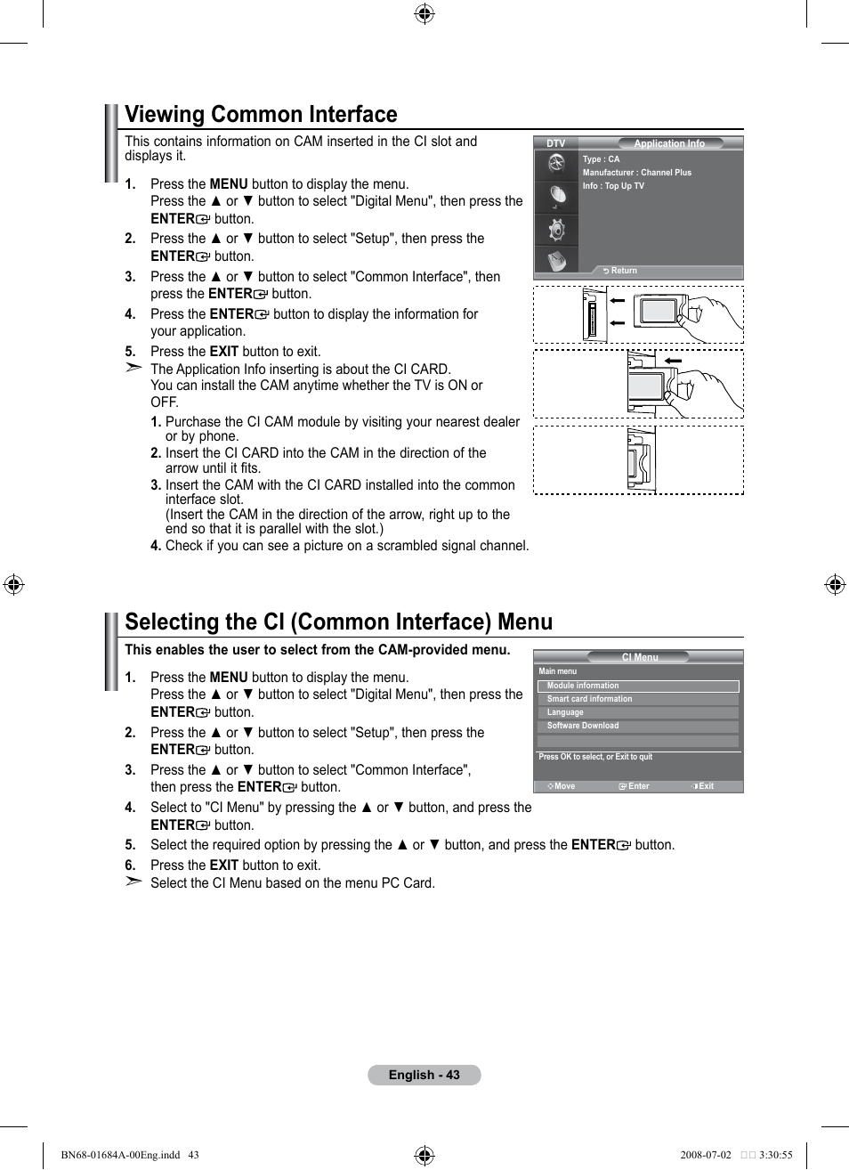 Viewing common interface, Selecting the ci (common interface) menu | Samsung BN68-01684A-00 User Manual | Page 45 / 69