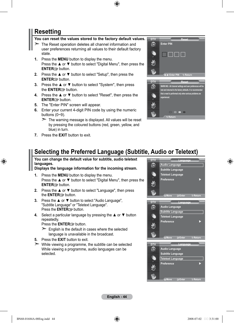 Resetting | Samsung BN68-01684A-00 User Manual | Page 46 / 69