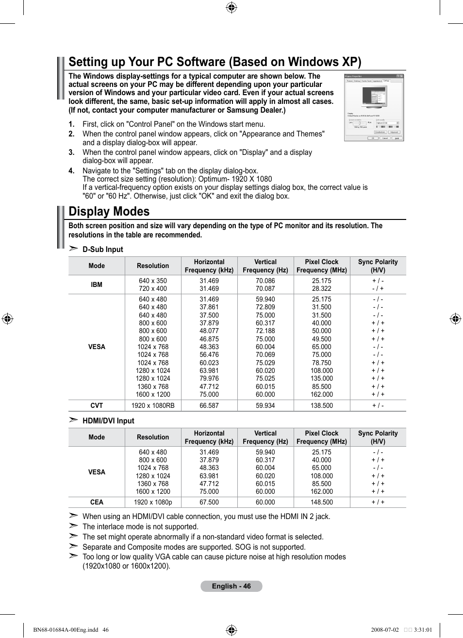 Setting the pc, Setting up your pc software (based on windows xp), Display modes | Samsung BN68-01684A-00 User Manual | Page 48 / 69