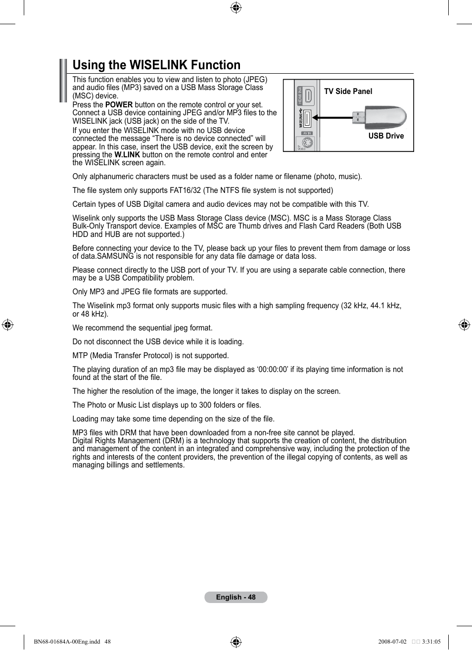 Wiselink, Using the wiselink function | Samsung BN68-01684A-00 User Manual | Page 50 / 69