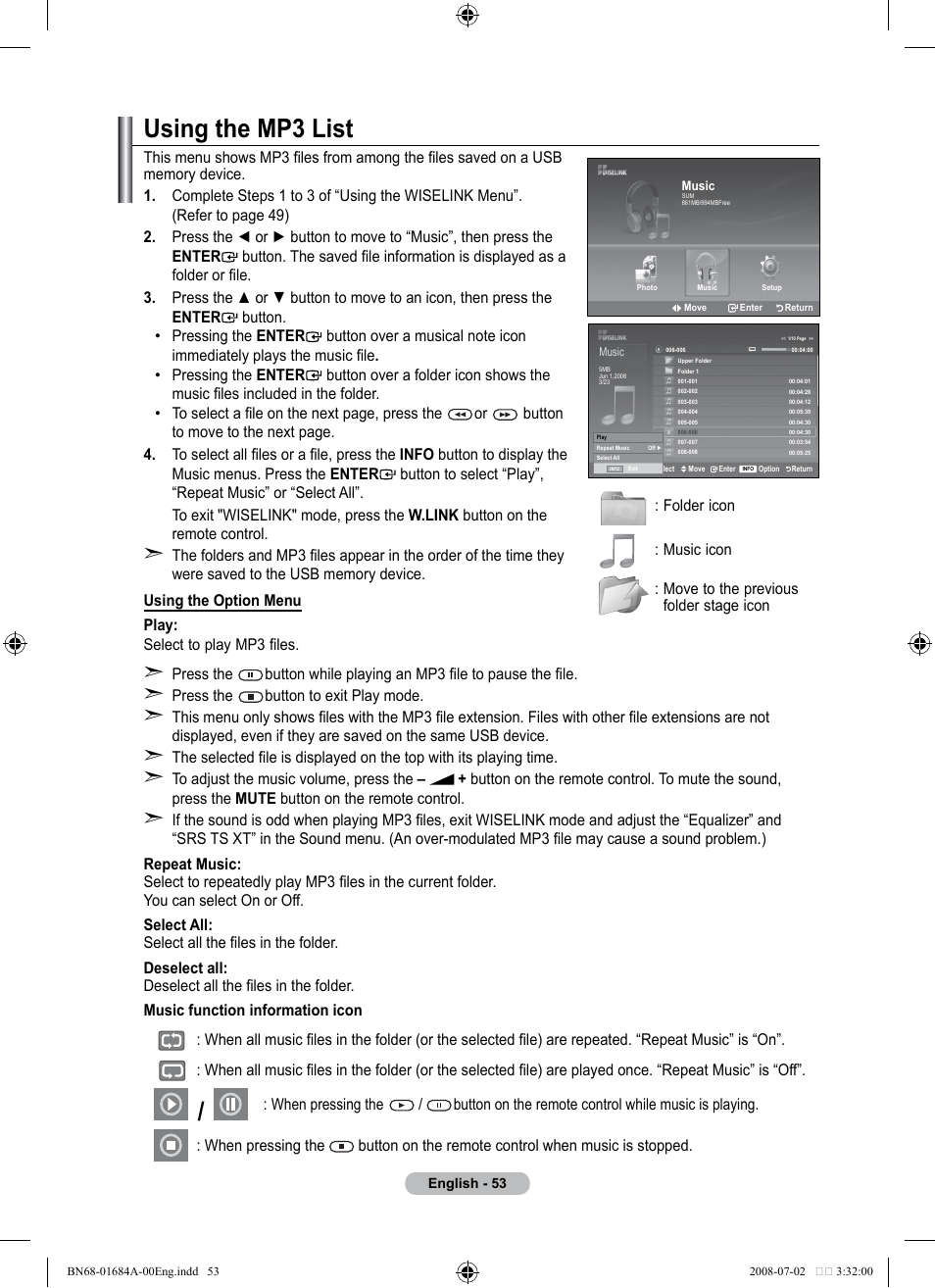 Using the mp3 list, Using the mp list | Samsung BN68-01684A-00 User Manual | Page 55 / 69