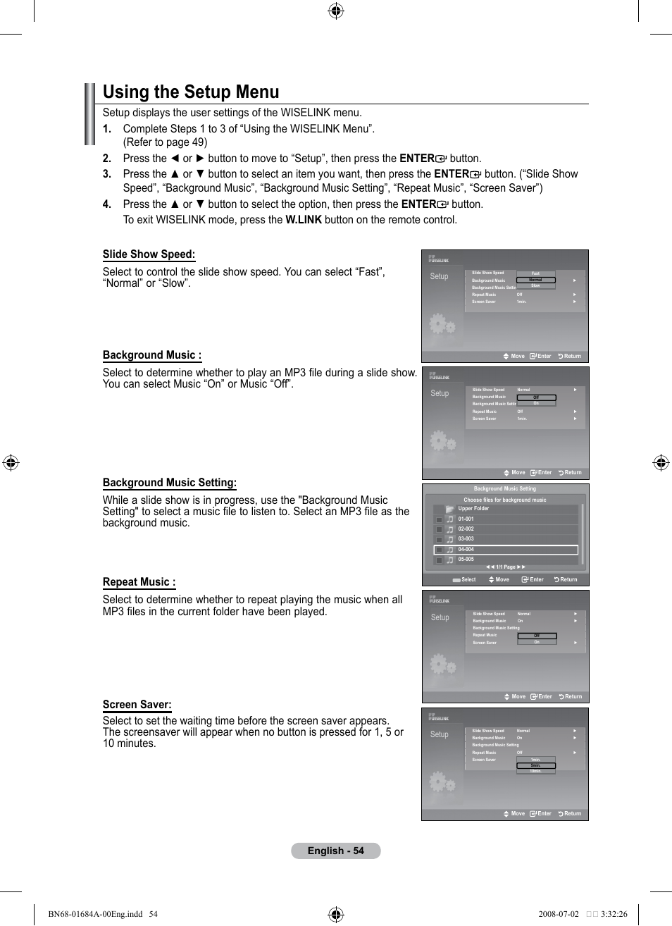 Using the setup menu, English | Samsung BN68-01684A-00 User Manual | Page 56 / 69