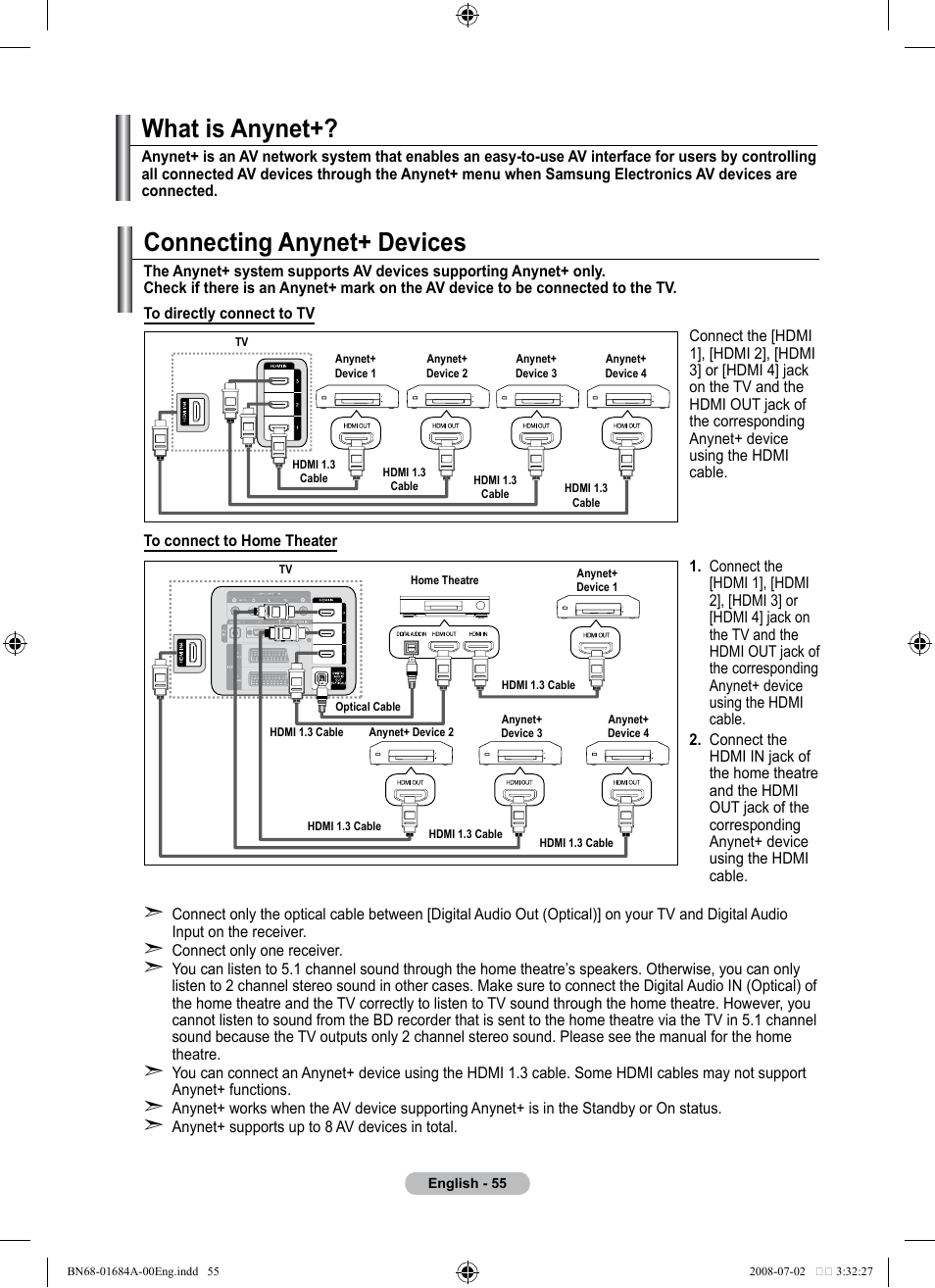 About anynet, What is anynet, Connecting anynet+ devices | Samsung BN68-01684A-00 User Manual | Page 57 / 69