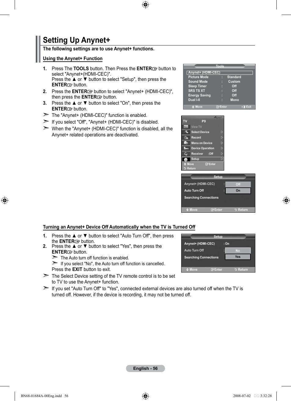 Setting up anynet | Samsung BN68-01684A-00 User Manual | Page 58 / 69