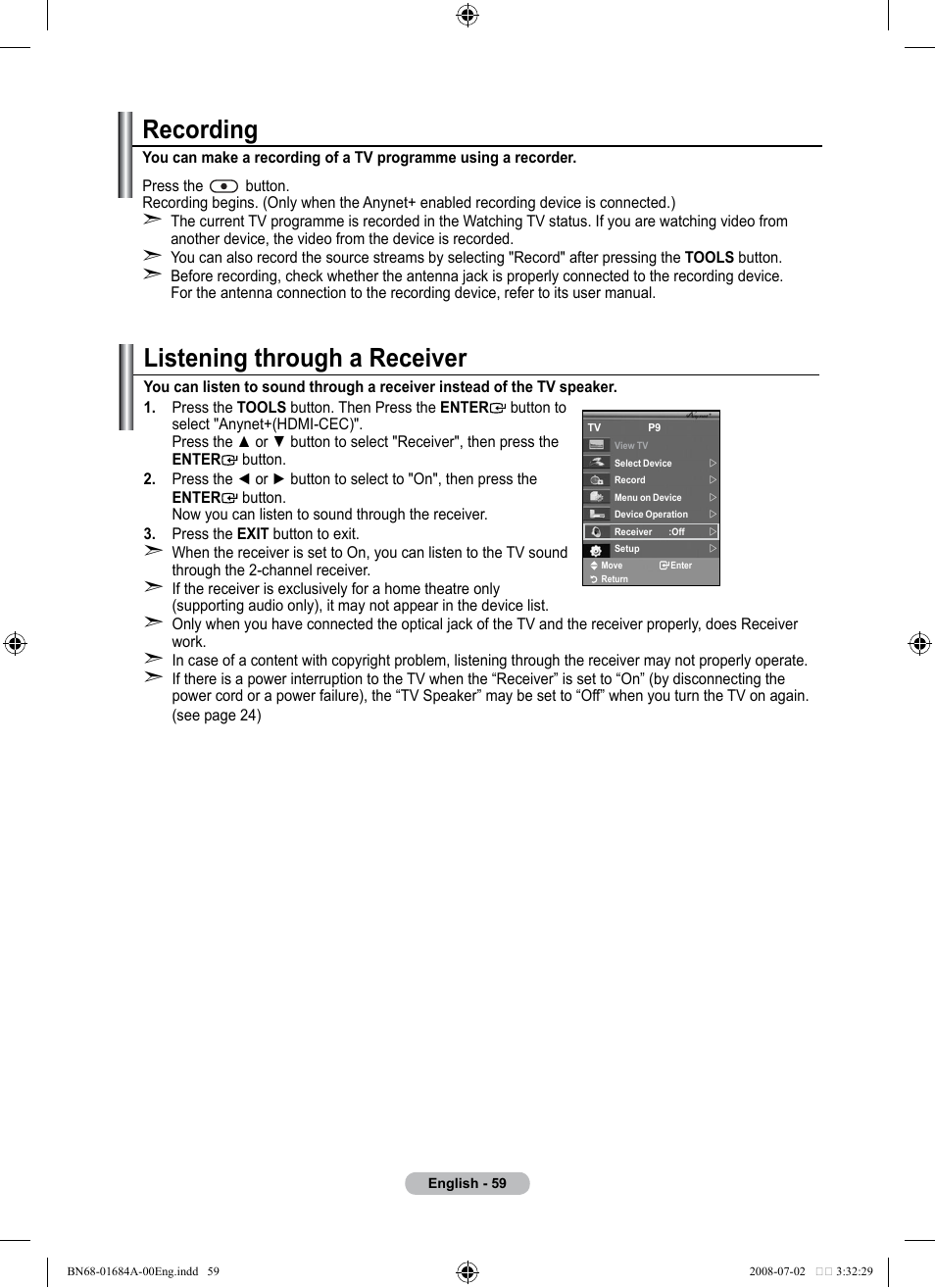 Recording, Listening through a receiver | Samsung BN68-01684A-00 User Manual | Page 61 / 69