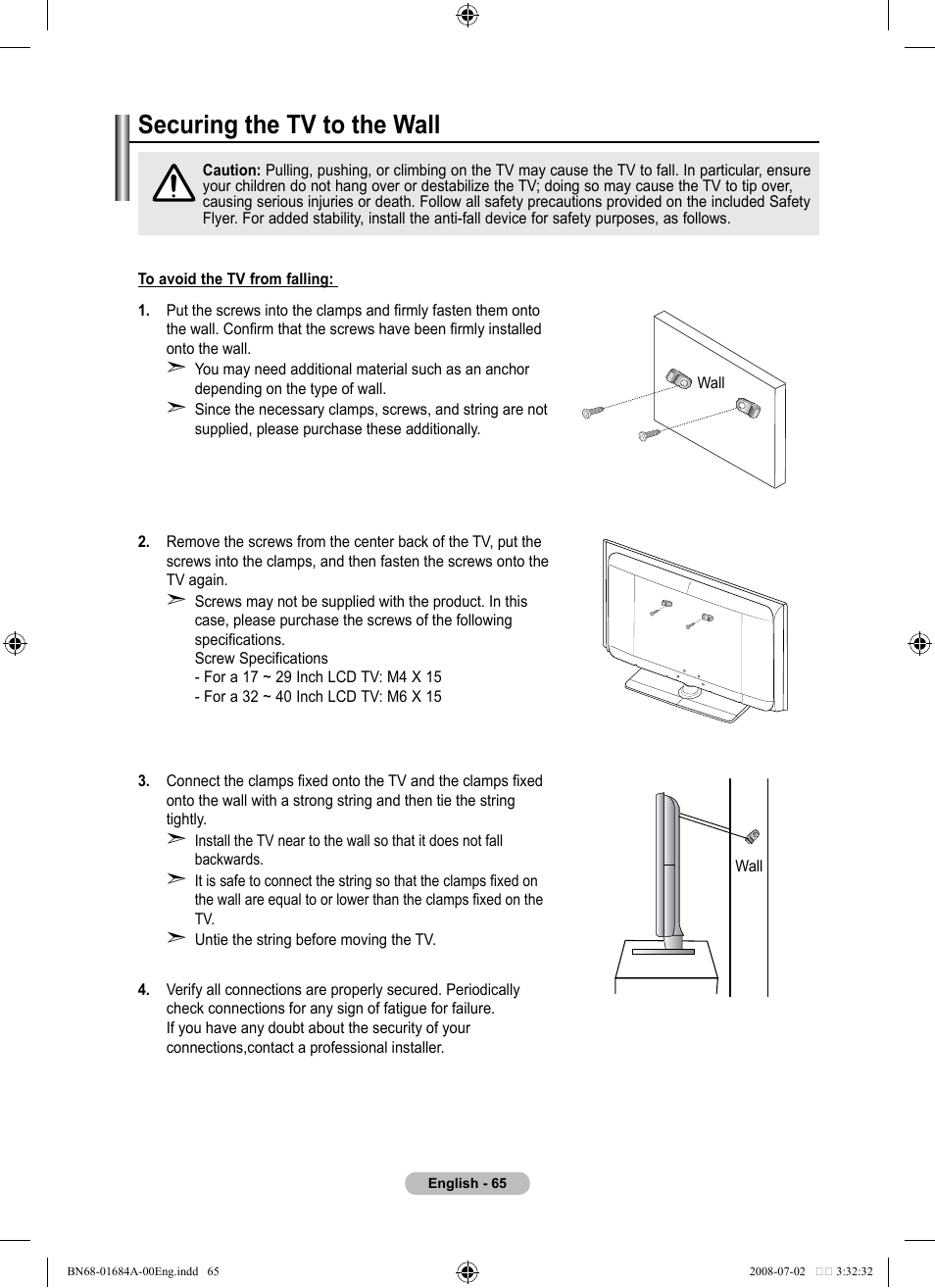 Securing the tv to the wall, 경고 주의 경고 주의 | Samsung BN68-01684A-00 User Manual | Page 67 / 69