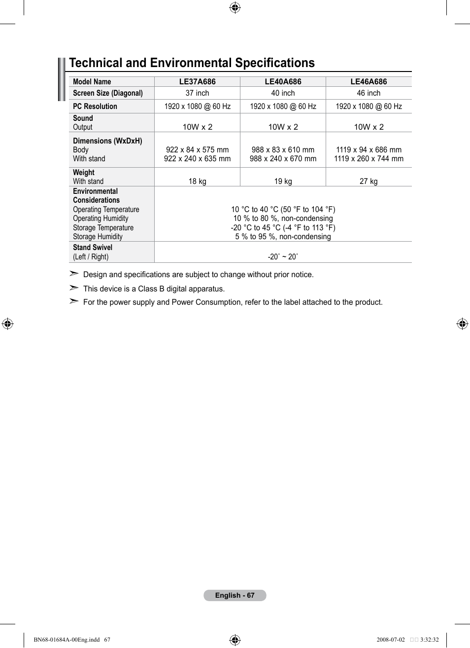 Technical and environmental specifications | Samsung BN68-01684A-00 User Manual | Page 69 / 69