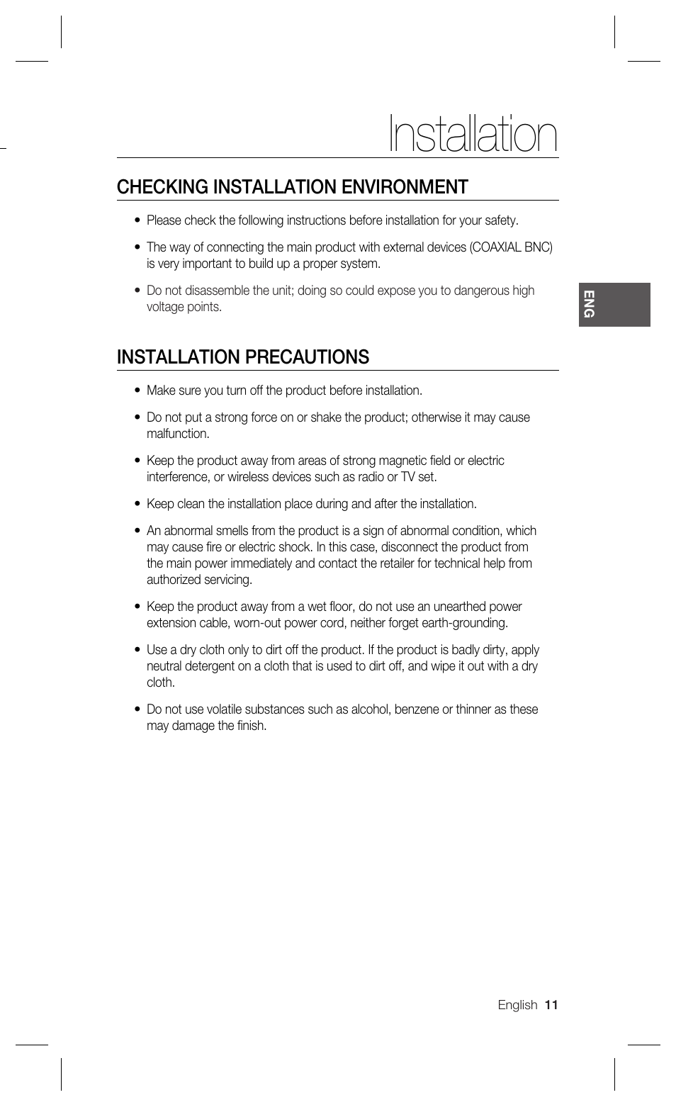 Installation, Checking installation environment, Installation precautions | Samsung SCX-RD100 User Manual | Page 11 / 22