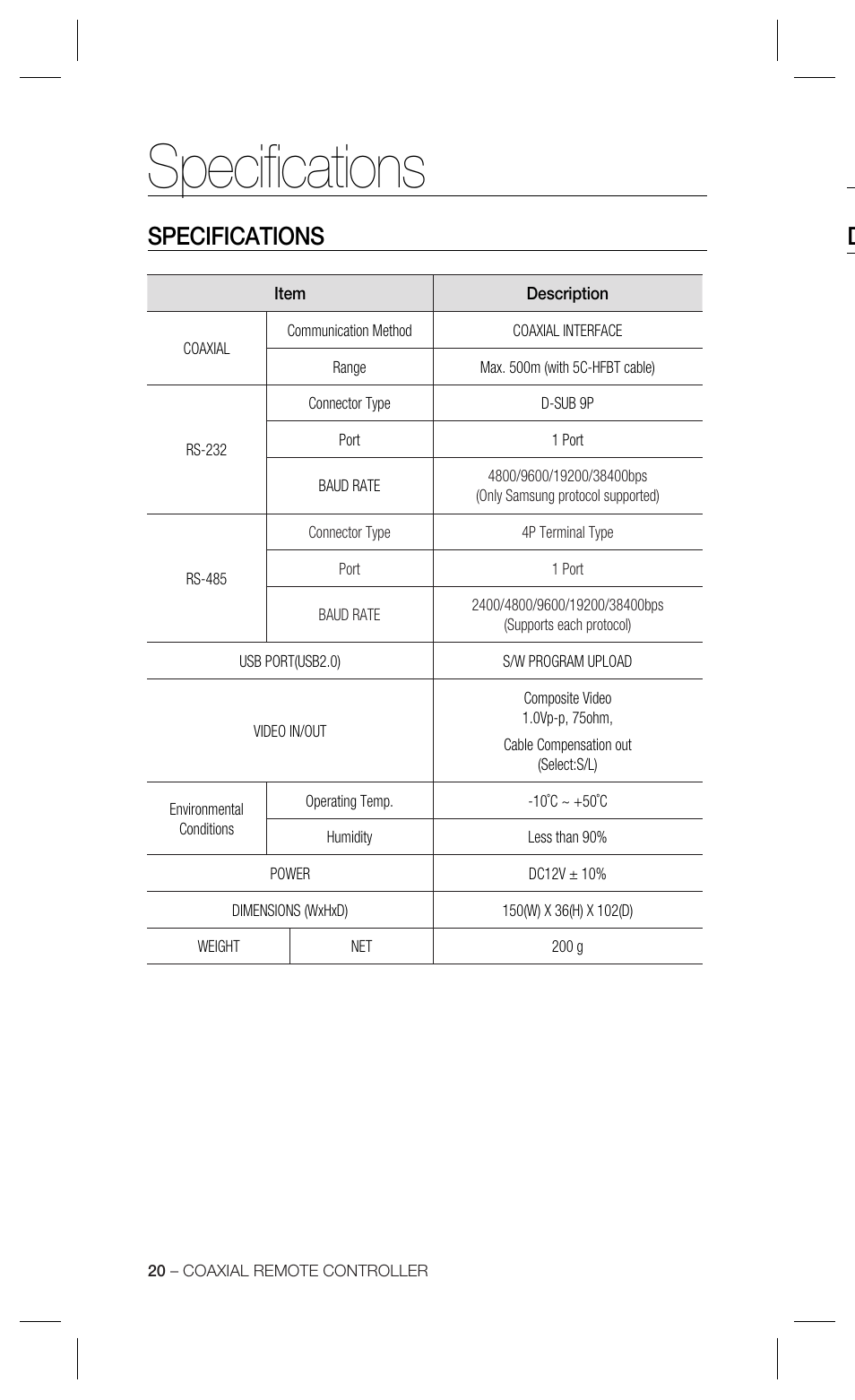 Speciﬁ cations, Specifications | Samsung SCX-RD100 User Manual | Page 20 / 22