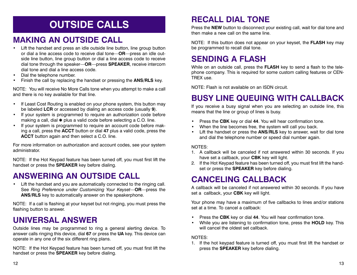 Outside calls, Recall dial tone, Sending a flash | Busy line queuing with callback, Canceling callback, Making an outside call, Answering an outside call, Universal answer | Samsung DCS 400si User Manual | Page 10 / 32