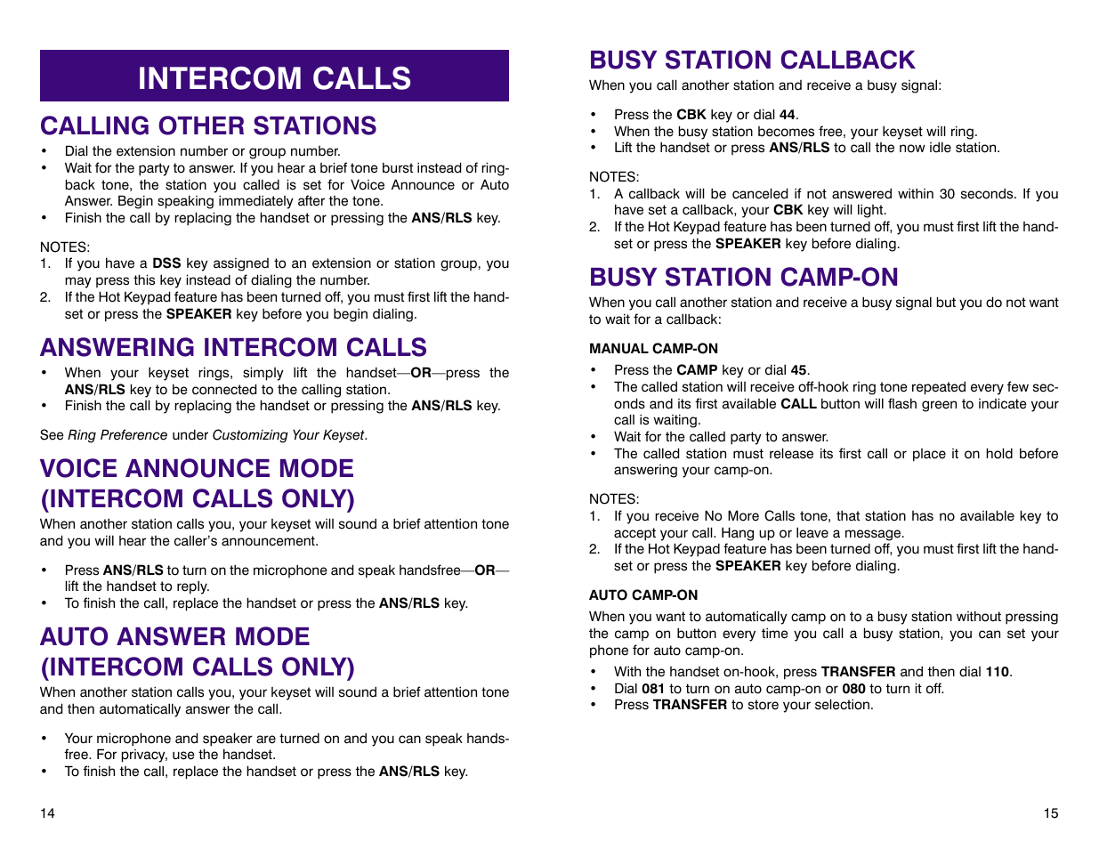 Intercom calls, Busy station callback, Busy station camp-on | Calling other stations, Answering intercom calls, Voice announce mode (intercom calls only), Auto answer mode (intercom calls only) | Samsung DCS 400si User Manual | Page 11 / 32