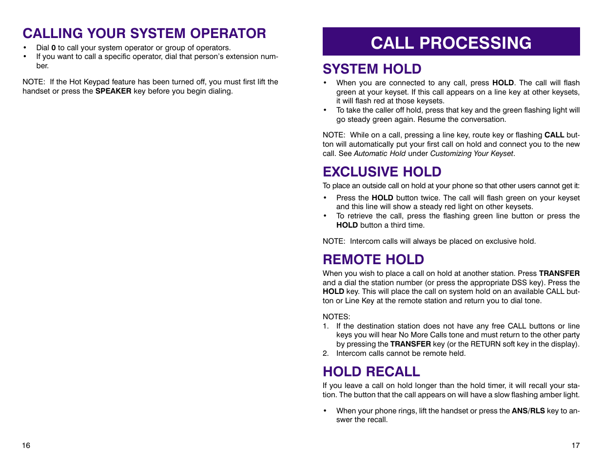 Call processing, System hold, Exclusive hold | Remote hold, Hold recall, Calling your system operator | Samsung DCS 400si User Manual | Page 12 / 32