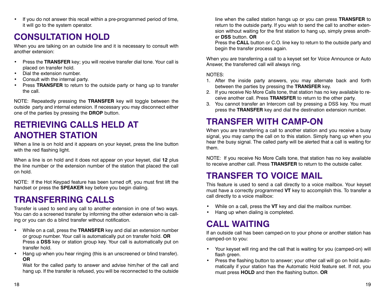 Transfer with camp-on, Transfer to voice mail, Call waiting | Consultation hold, Retrieving calls held at another station, Transferring calls | Samsung DCS 400si User Manual | Page 13 / 32