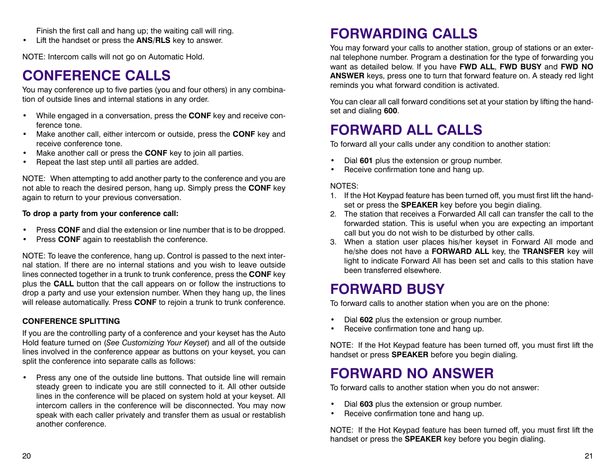 Forwarding calls, Forward all calls, Forward busy | Forward no answer, Conference calls | Samsung DCS 400si User Manual | Page 14 / 32