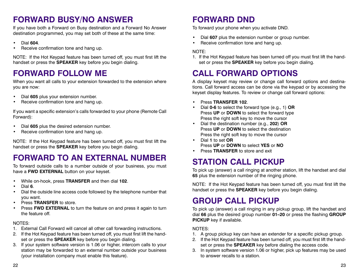Forward dnd, Call forward options, Station call pickup | Group call pickup, Forward busy/no answer, Forward follow me, Forward to an external number | Samsung DCS 400si User Manual | Page 15 / 32