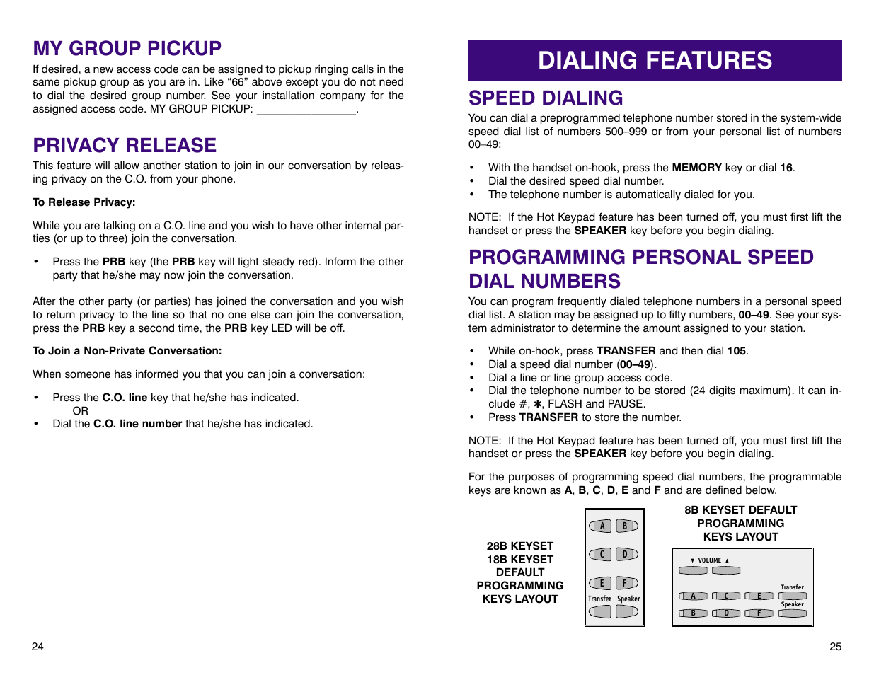 Dialing features, Speed dialing, Programming personal speed dial numbers | My group pickup, Privacy release | Samsung DCS 400si User Manual | Page 16 / 32