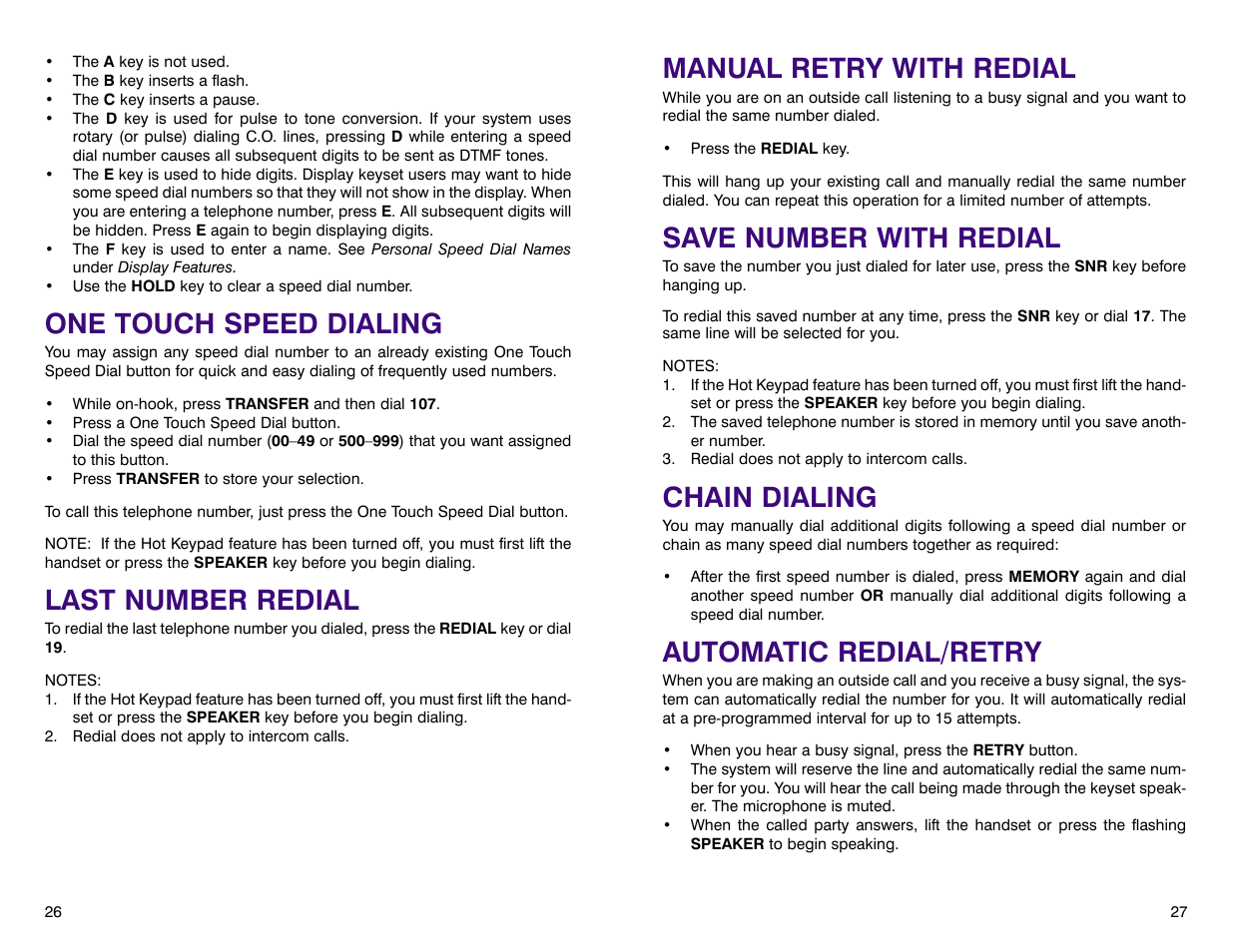 One touch speed dialing, Last number redial, Manual retry with redial | Save number with redial, Chain dialing, Automatic redial/retry | Samsung DCS 400si User Manual | Page 17 / 32