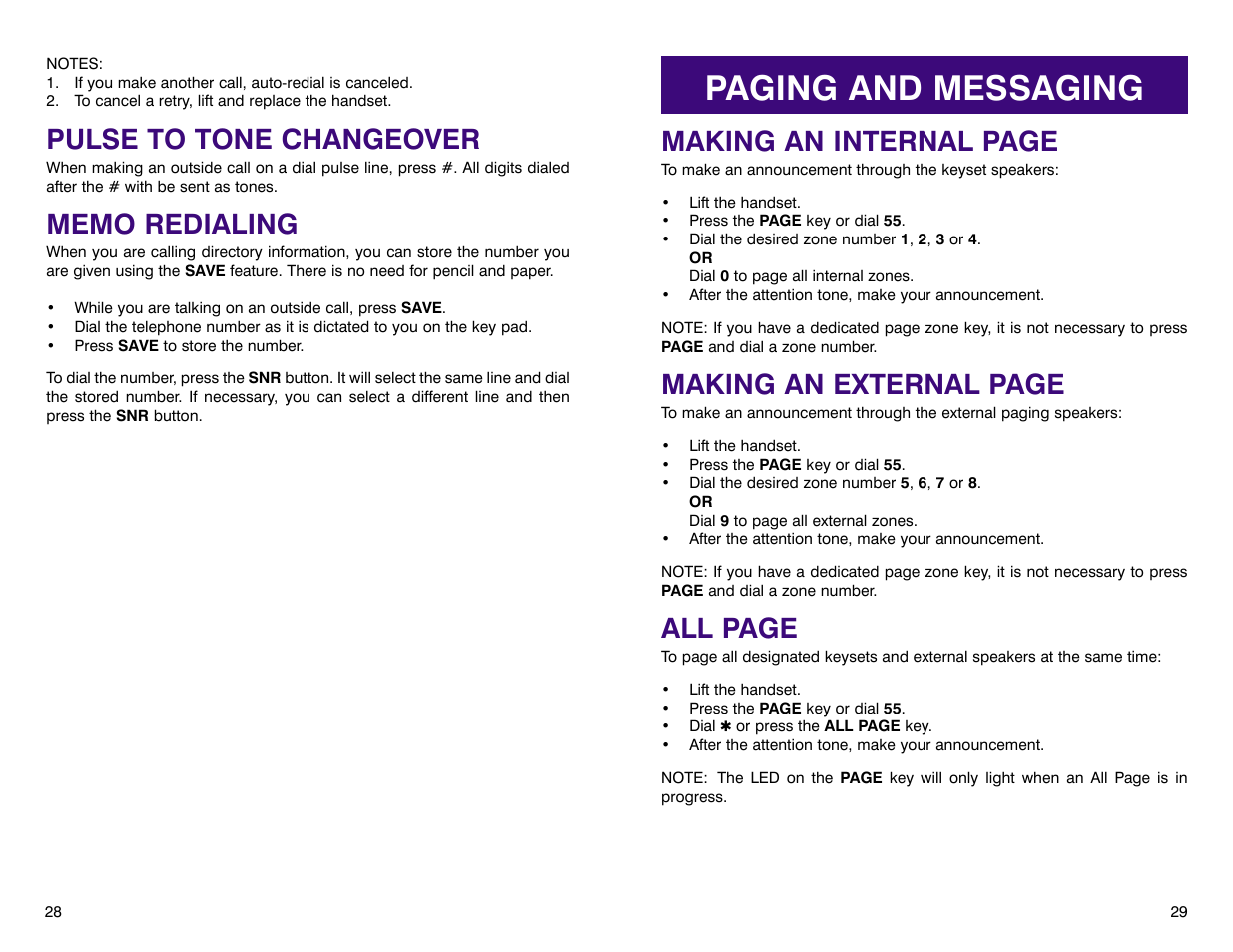 Paging and messaging, Pulse to tone changeover, Making an internal page | Making an external page, All page | Samsung DCS 400si User Manual | Page 18 / 32