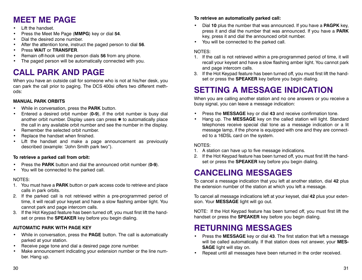 Setting a message indication, Canceling messages, Returning messages | Meet me page, Call park and page | Samsung DCS 400si User Manual | Page 19 / 32