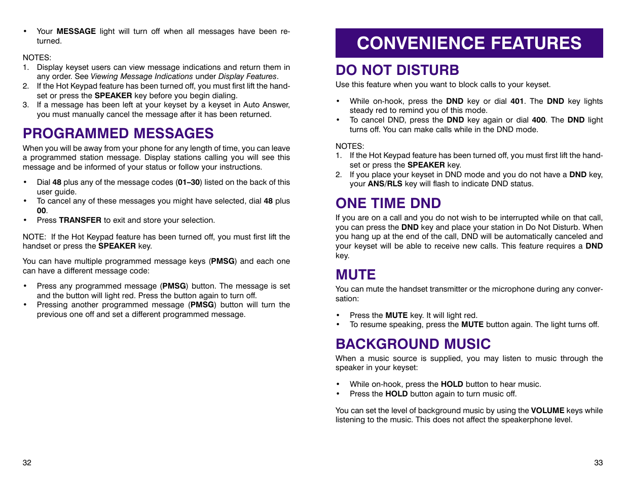 Convenience features, Do not disturb, One time dnd | Mute, Background music, Programmed messages | Samsung DCS 400si User Manual | Page 20 / 32