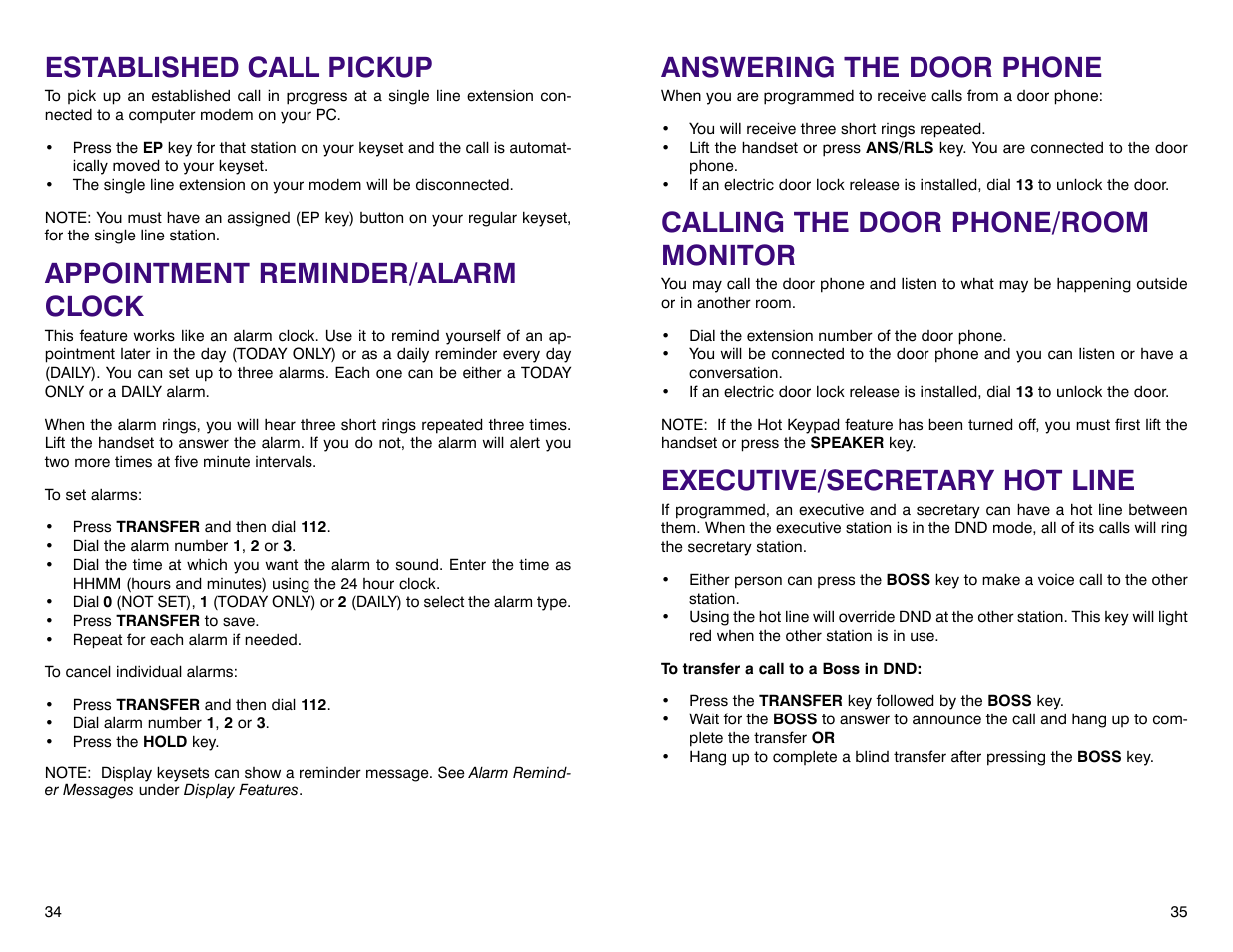 Answering the door phone, Calling the door phone/room monitor, Executive/secretary hot line | Established call pickup, Appointment reminder/alarm clock | Samsung DCS 400si User Manual | Page 21 / 32