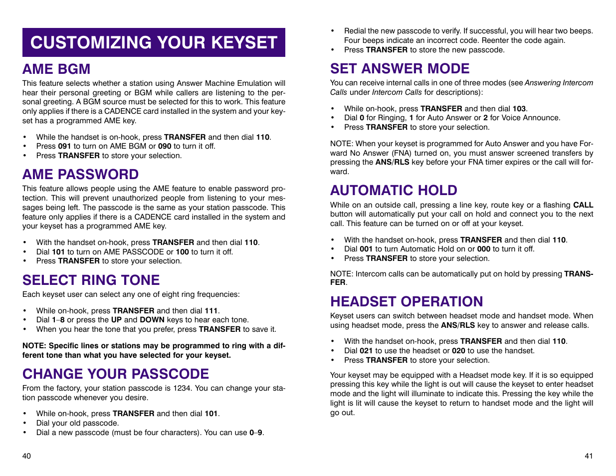 Customizing your keyset, Set answer mode, Automatic hold | Headset operation, Ame bgm, Ame password, Select ring tone, Change your passcode | Samsung DCS 400si User Manual | Page 24 / 32