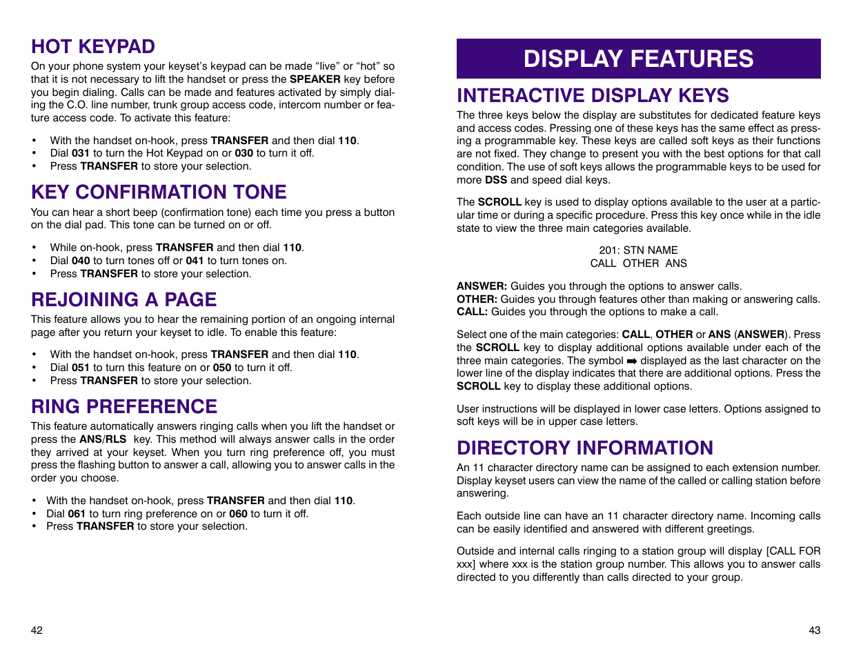 Display features, Interactive display keys, Directory information | Hot keypad, Key confirmation tone, Rejoining a page, Ring preference | Samsung DCS 400si User Manual | Page 25 / 32