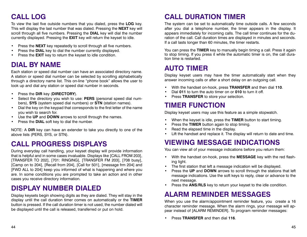 Call duration timer, Auto timer, Timer function | Viewing message indications, Alarm reminder messages, Call log, Dial by name, Call progress displays, Display number dialed | Samsung DCS 400si User Manual | Page 26 / 32