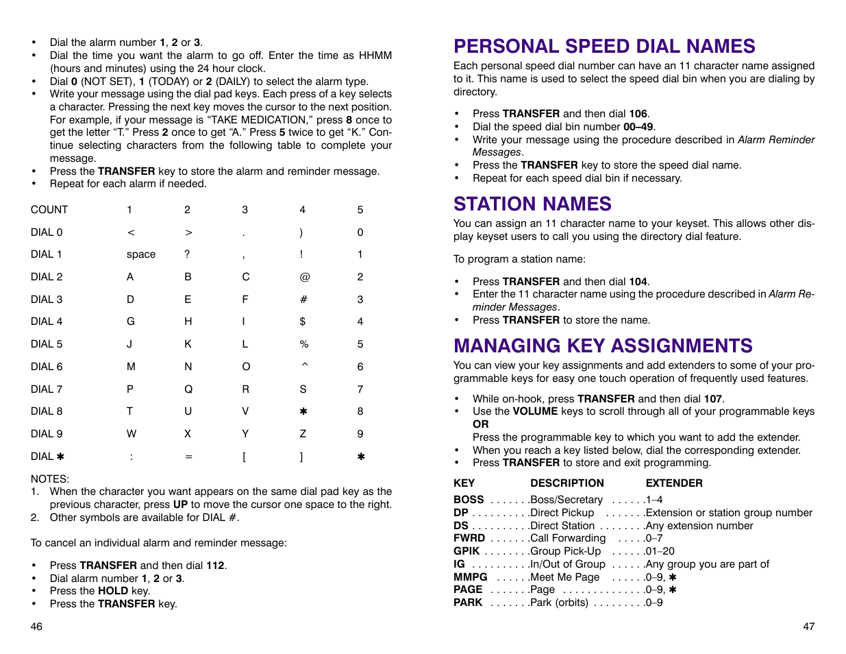 Personal speed dial names, Station names, Managing key assignments | Samsung DCS 400si User Manual | Page 27 / 32