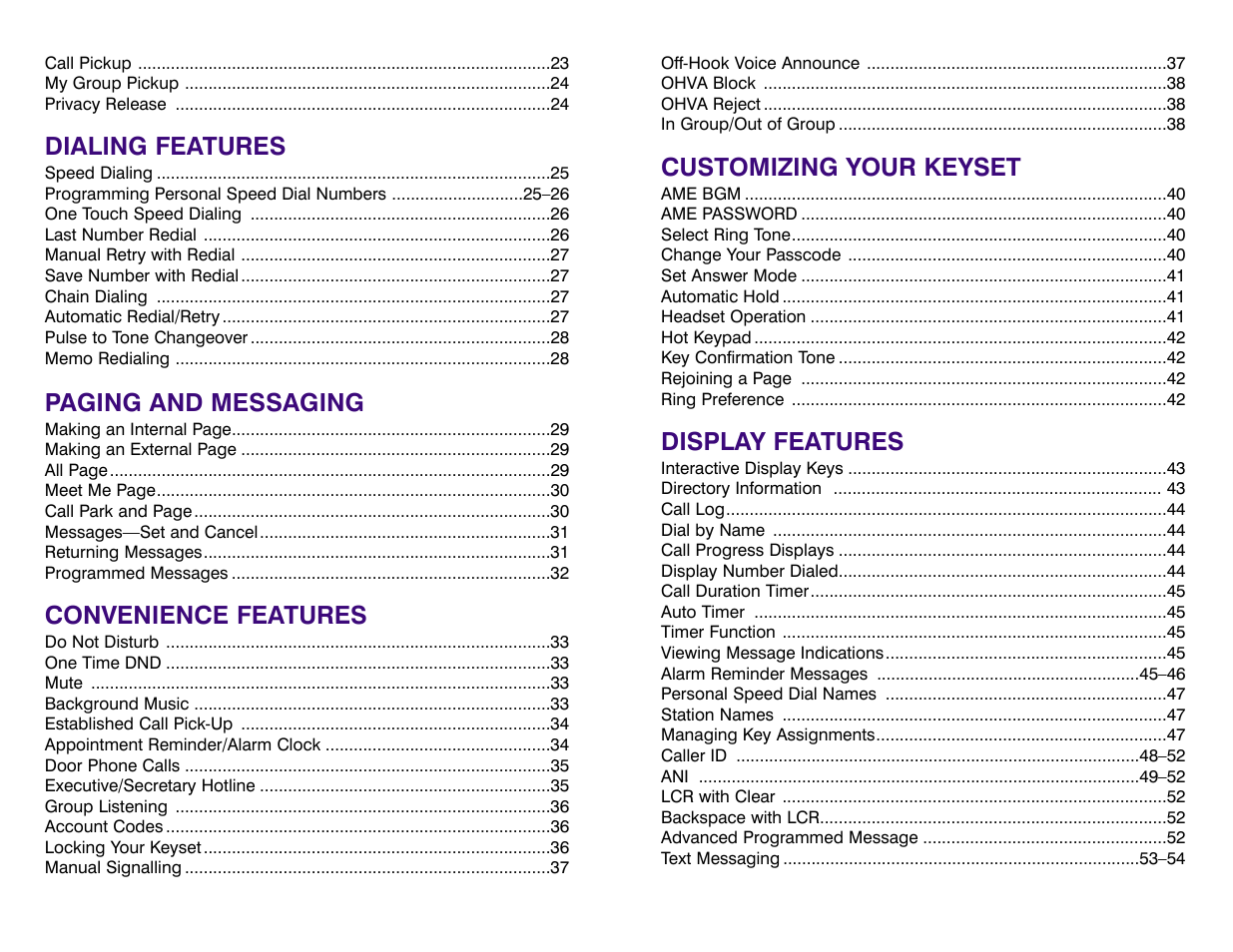 Customizing your keyset, Display features, Dialing features | Paging and messaging, Convenience features | Samsung DCS 400si User Manual | Page 3 / 32