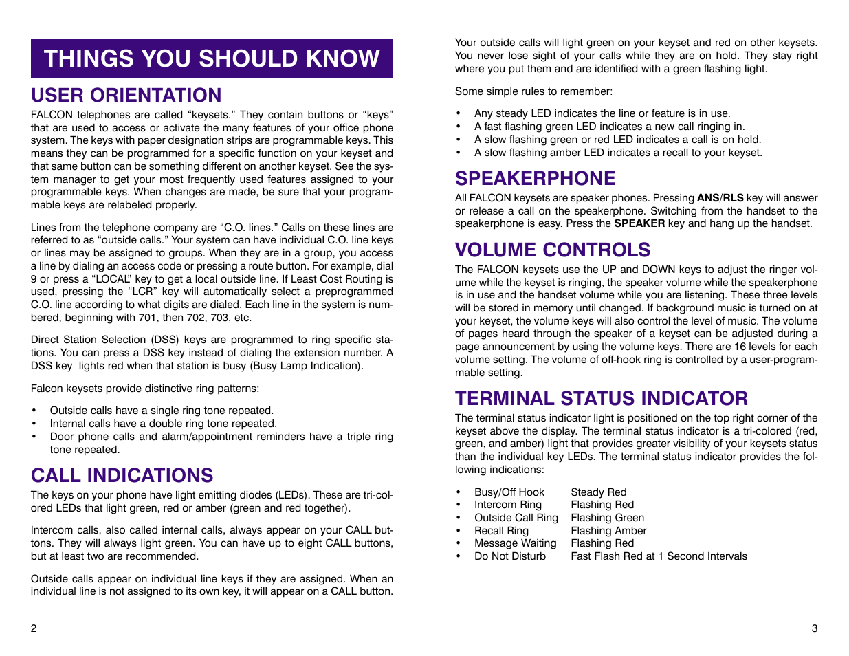 Things you should know, Speakerphone, Volume controls | Terminal status indicator, User orientation, Call indications | Samsung DCS 400si User Manual | Page 5 / 32
