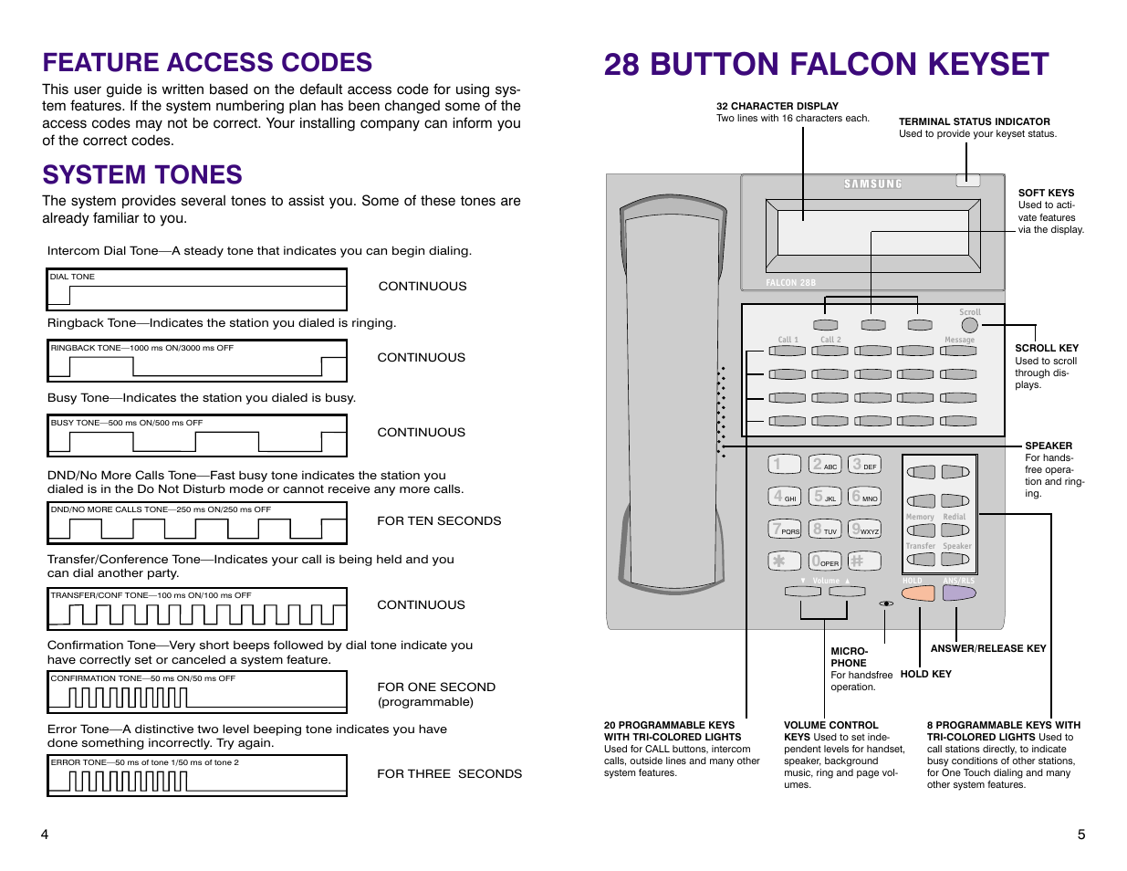28 button falcon keyset, Feature access codes, System tones | Samsung DCS 400si User Manual | Page 6 / 32