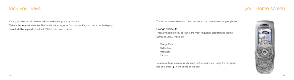 Your home screen, Lock your keys | Samsung E800 User Manual | Page 10 / 118