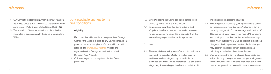 Reference, Downloadable games terms and conditions | Samsung E800 User Manual | Page 110 / 118