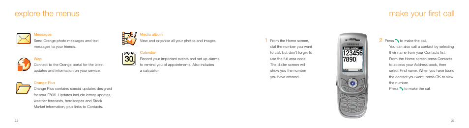 Make your first call, Explore the menus | Samsung E800 User Manual | Page 12 / 118