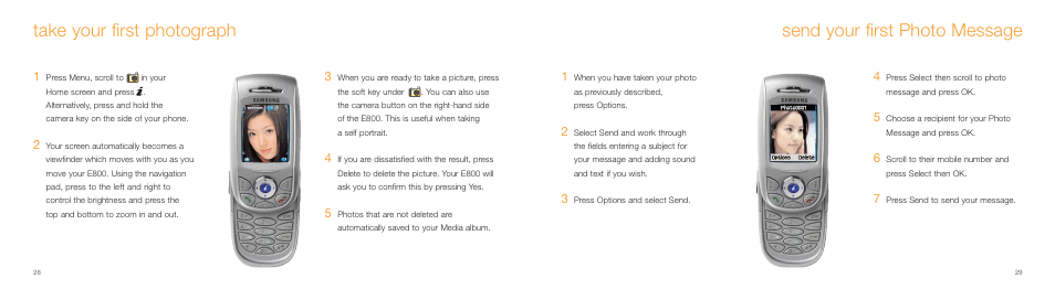 Send your first photo message, Take your first photograph | Samsung E800 User Manual | Page 15 / 118