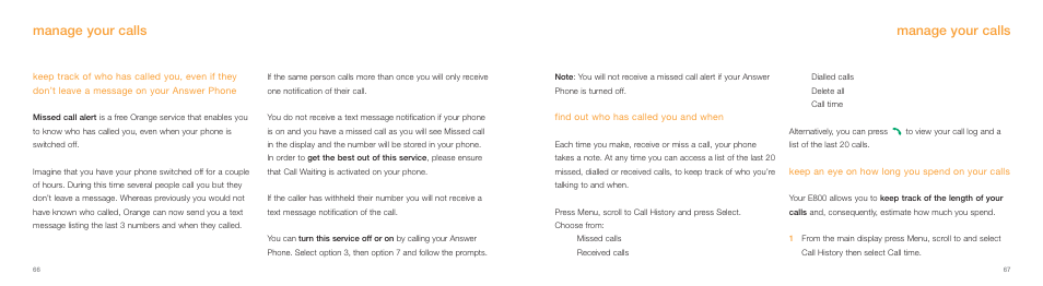 Manage your calls | Samsung E800 User Manual | Page 34 / 118