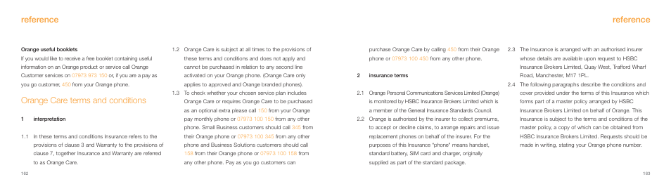 Reference, Orange care terms and conditions | Samsung E800 User Manual | Page 82 / 118