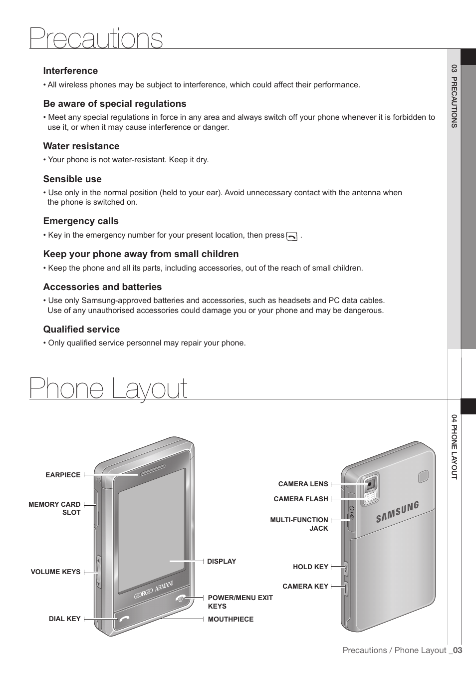 Precautions, Phone layout | Samsung / Giorgio Armani SGH-P520 User Manual | Page 4 / 7