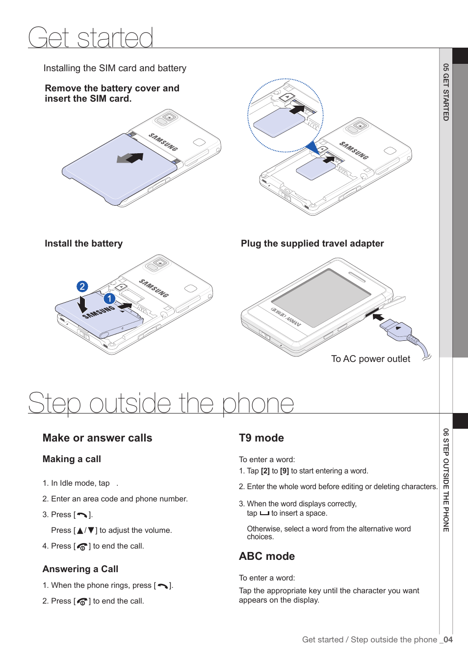 Get started, Step outside the phone, Make or answer calls | T9 mode, Abc mode | Samsung / Giorgio Armani SGH-P520 User Manual | Page 5 / 7