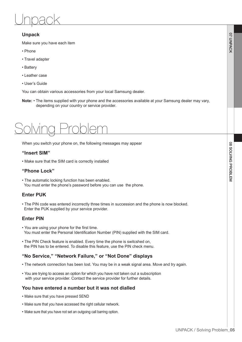 Unpack, Solving problem | Samsung / Giorgio Armani SGH-P520 User Manual | Page 6 / 7