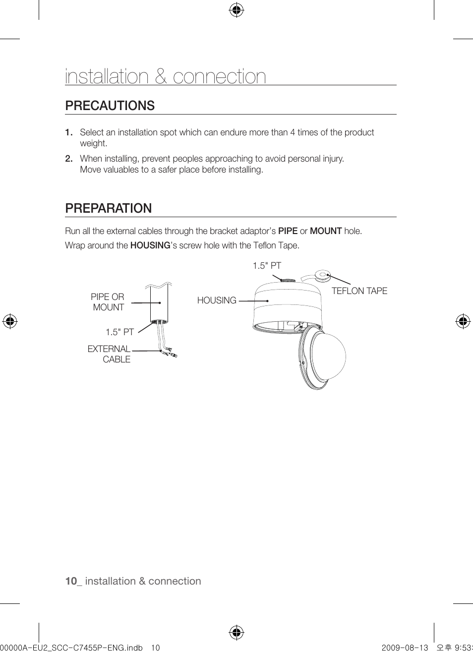 Installation & connection, Precautions, Preparation | Samsung SCC-C7455P User Manual | Page 10 / 52